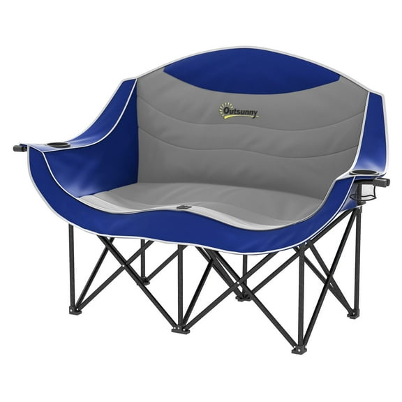 Double Camping Chair for 2 Adults, Padded Folding Loveseat with Cup Holders & Carry Bag - Outdoor Camping Chairs for Beach, Garden, Blue