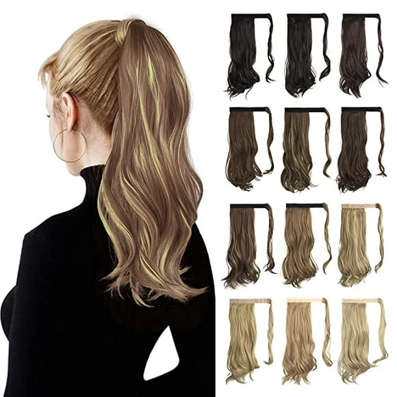 Curly Ponytail Extension 15 Inch Heat Resistant Synthetic Natural Wavy Hairpiece Wrap Around Pony Tail Hair Extensions for White Women Hair Piece, Light Auburn Brown Highlighted Pale Golden Blonde