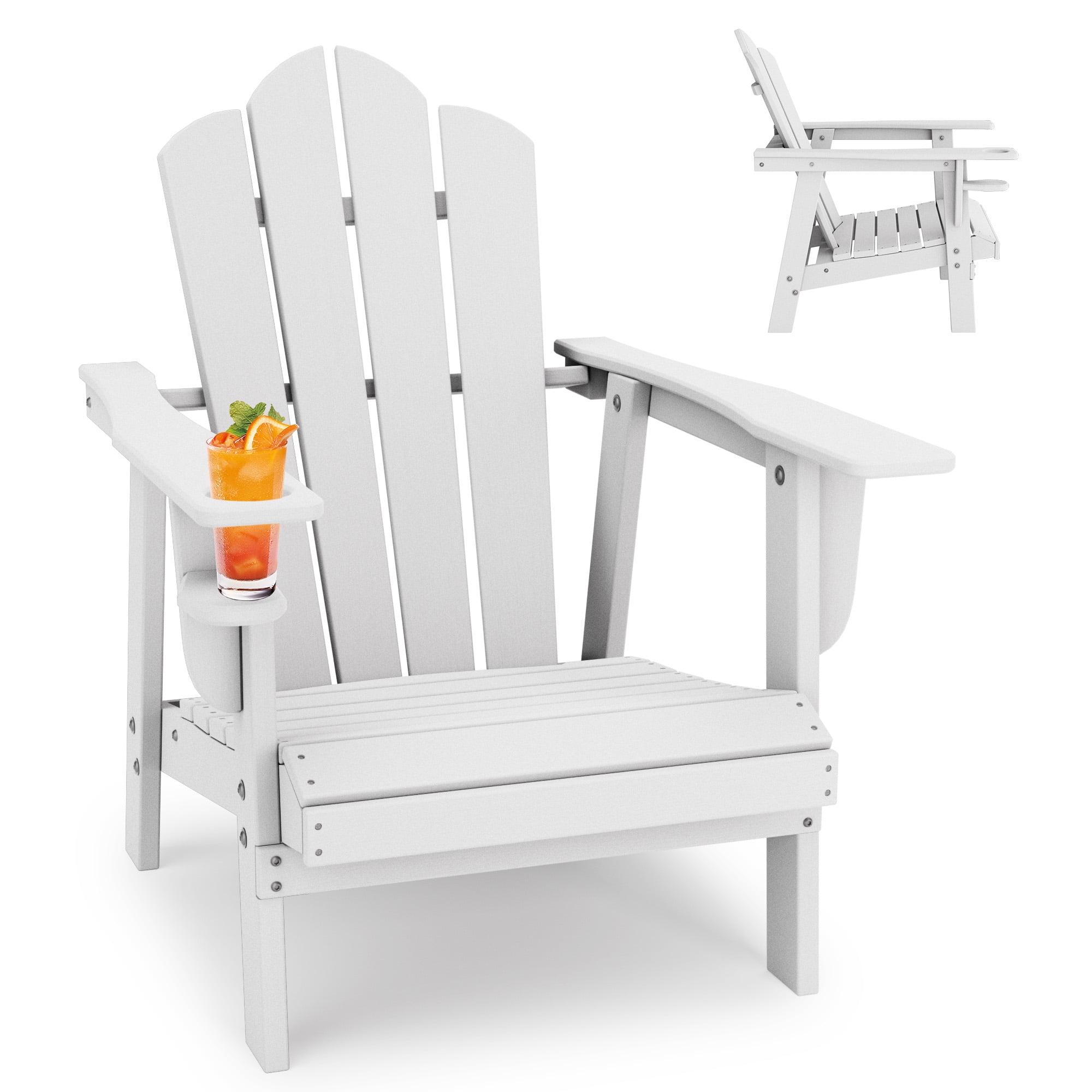 Tappio HDPE Adirondack Chair, Patio Seat All Weather Outdoor Patio Chair with Cup Holder for Lawn Yard Fire Pit, White