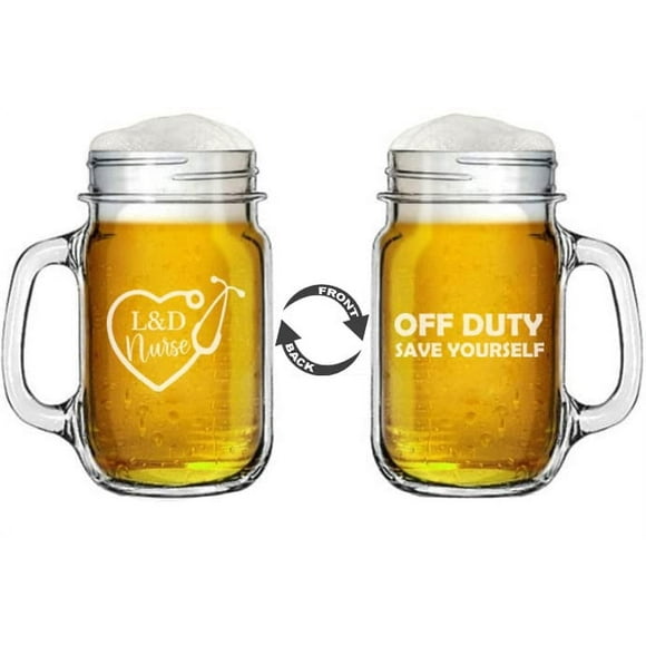 16oz Mason Jar Glass Mug w/Handle 2 Sided Heart Stethoscope L&D Nurse Labor Delivery Off Duty Save Yourself