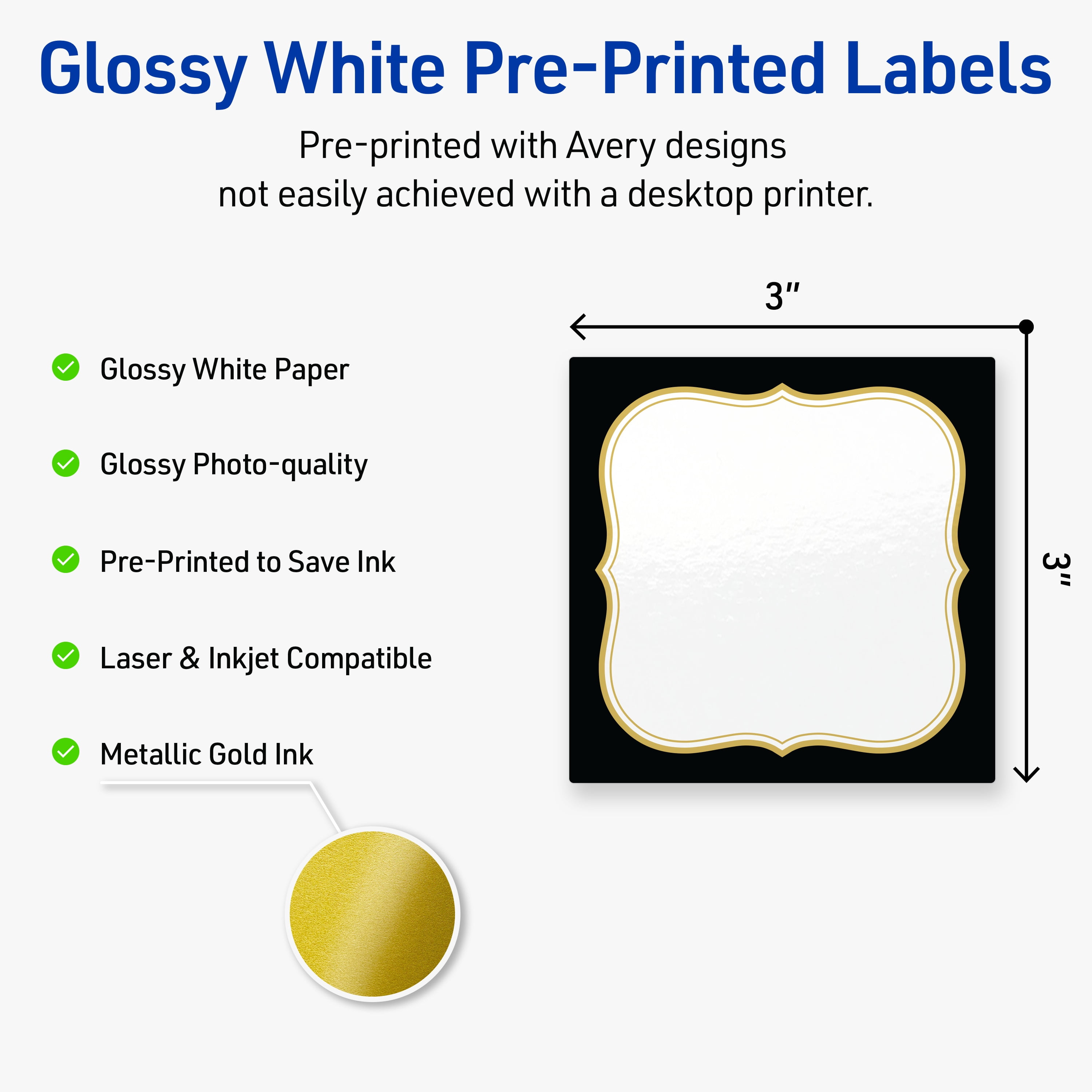 Avery Square Labels, 3" x 3", Black with Gold Flourish, Glossy