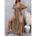 thumbnail image 6 of Mocha Brown V-Neck Butterfly Sleeve High Slit Maxi Dress For Women, 6 of 7