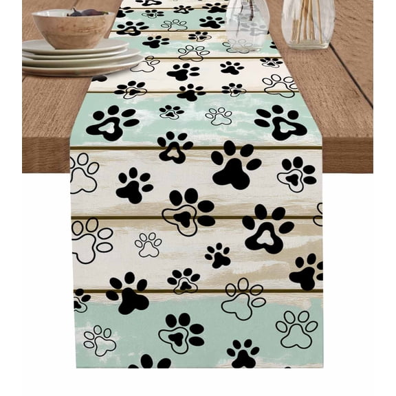 Sage Green Beige Farmhouse Table Runner 36 Inches, Black Dog Paw Vintage Wooden Bed Runner Dresser Scarves Tabletop for Indoor Outdoor Parties/Ceremony/Banquet, 13"x 36"