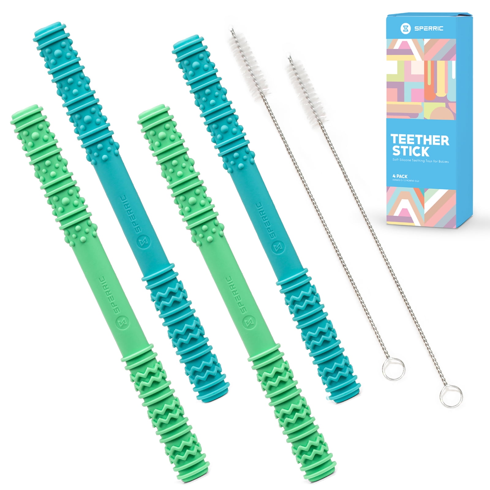 Baby Hollow Teething Tubes - Soft Silicone Teether Toys for Babies Helps Soothe Teething Irritation BPA Free Food Grade Silicone Cleaning Brush's Included, Easy to Clean (Blue & Green)