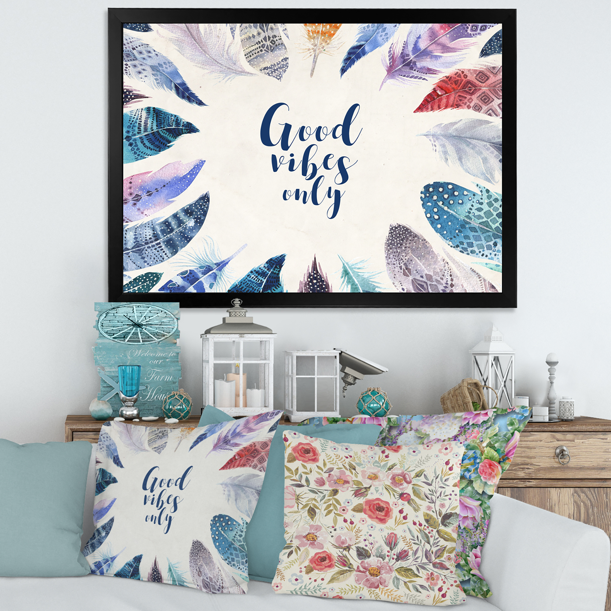 Designart 'Good VIbes Only Under Vibrant Blue Feathers' Bohemian & Eclectic Framed Art Print