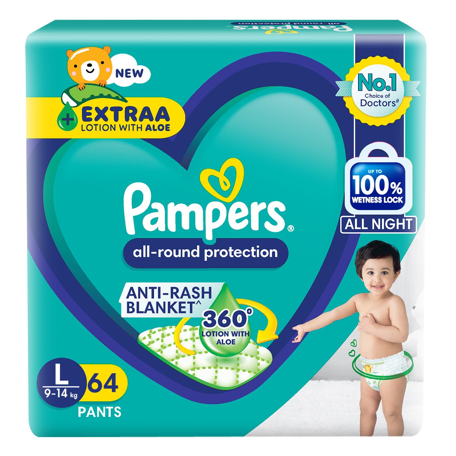Pampers All Round Protection Pant Style Baby Diapers Large for 9-14kg, 64 Count