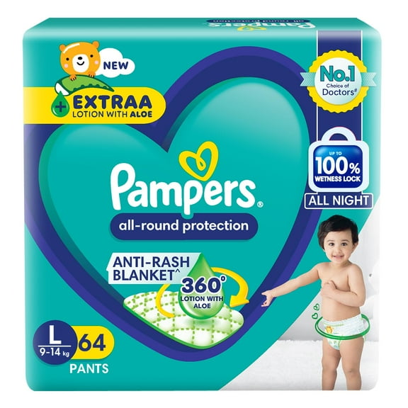 Pampers All Round Protection Pant Style Baby Diapers Large for 9-14kg, 64 Count