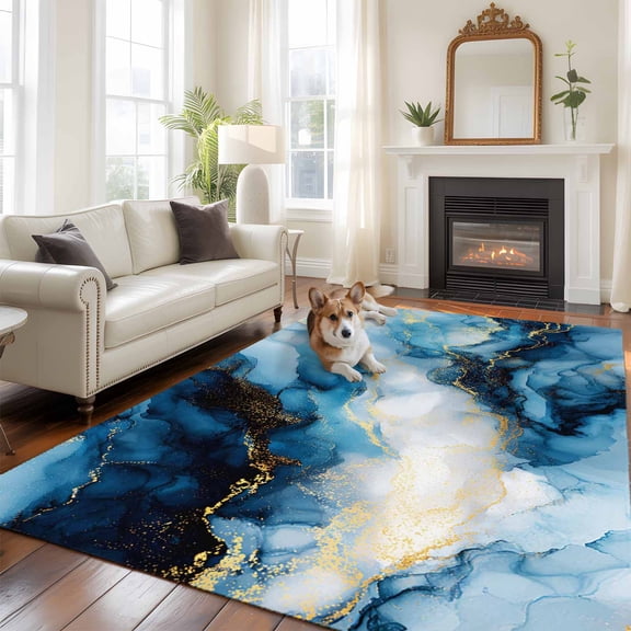 Blue Gold Marble Large Area Rugs 6x9 ft Luxury Gorgeous Ocean Abstract Washable Rug Non Slip Indoor Carpet Absorbent Floor Mat for Living Room Bedroom Dining Room