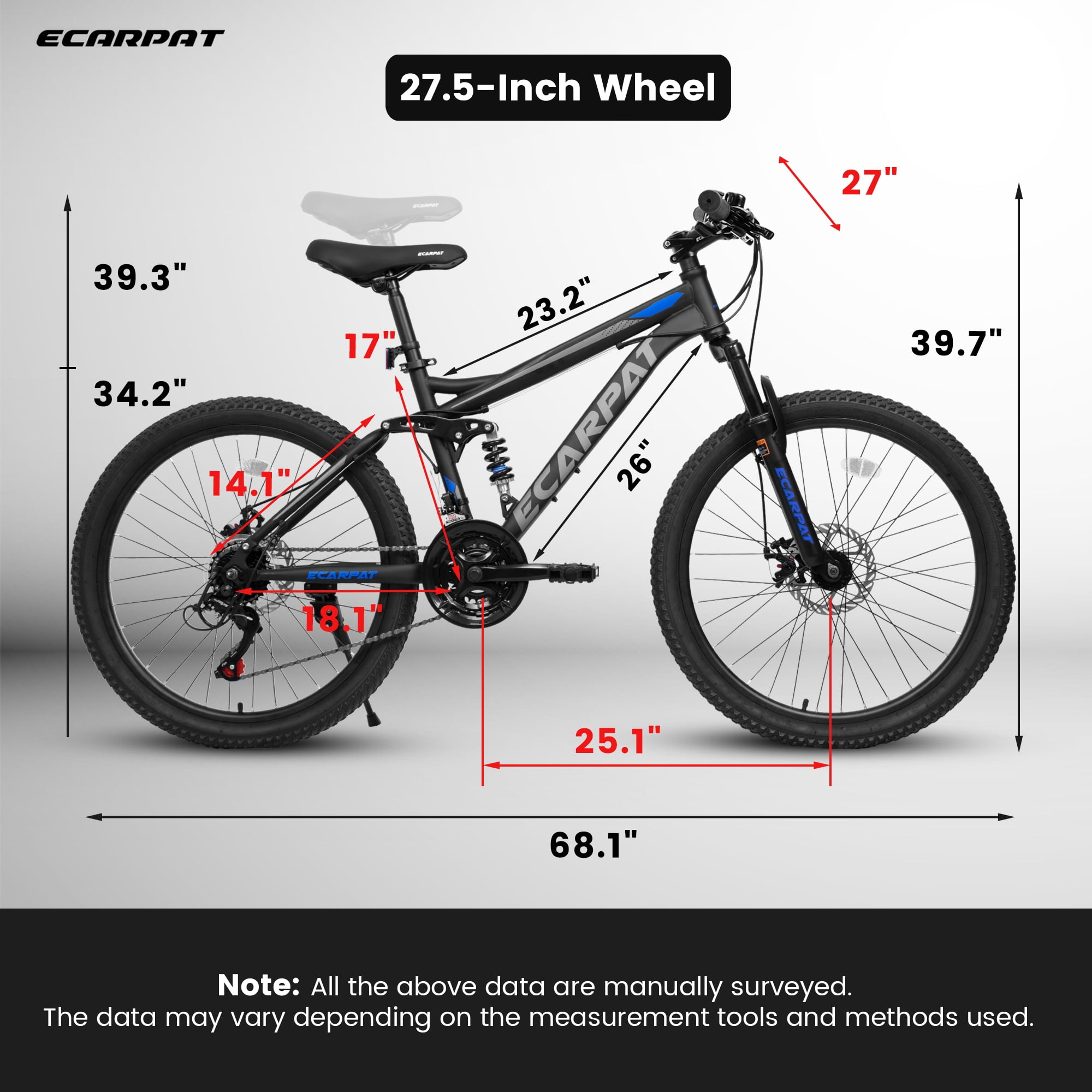 27.5-Inch Full Suspension Mountain Bike, 21-Speed Disc Brakes, Steel Frame, Unisex for Adults-Black