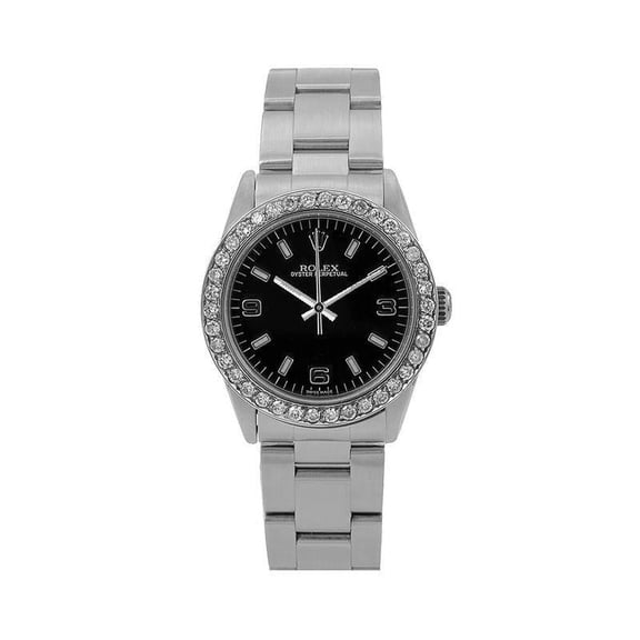 Pre-Owned Rolex Oyster Perpetual 26MM 6719 Black Arabic Dial Diamond Bezel Stainless Steel Oyster Bracelet