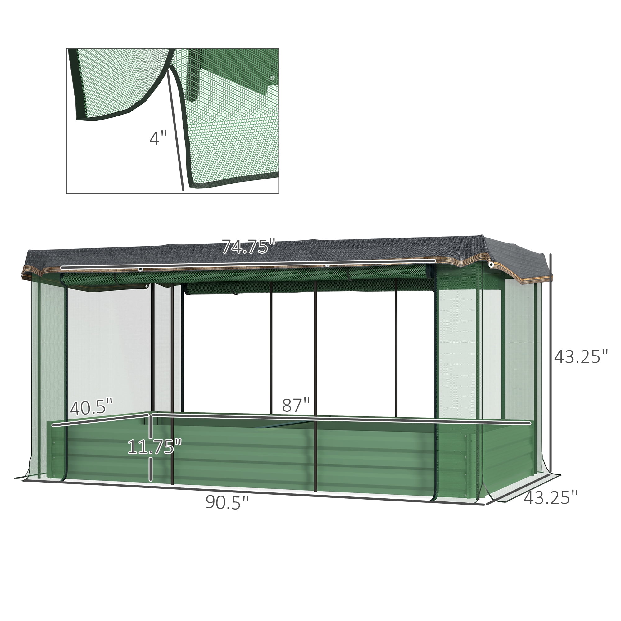 Outsunny Galvanized Raised Garden Bed with Crop Cage & Shade Cloth, Green