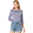 thumbnail image 1 of Allegra K Blusa de lunares de verano de media manga con cuello con volantes para mujer Púrpura L, 1 of 6