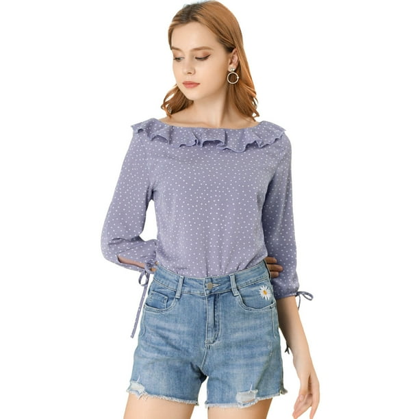 Allegra K Blusa de lunares de verano de media manga con cuello con volantes para mujer Púrpura L