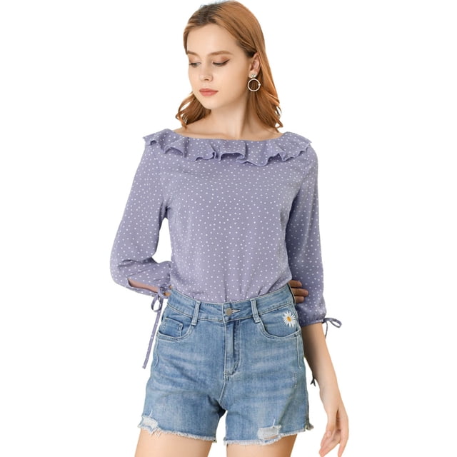 Allegra K Blusa de lunares de verano de media manga con cuello con volantes para mujer Púrpura L
