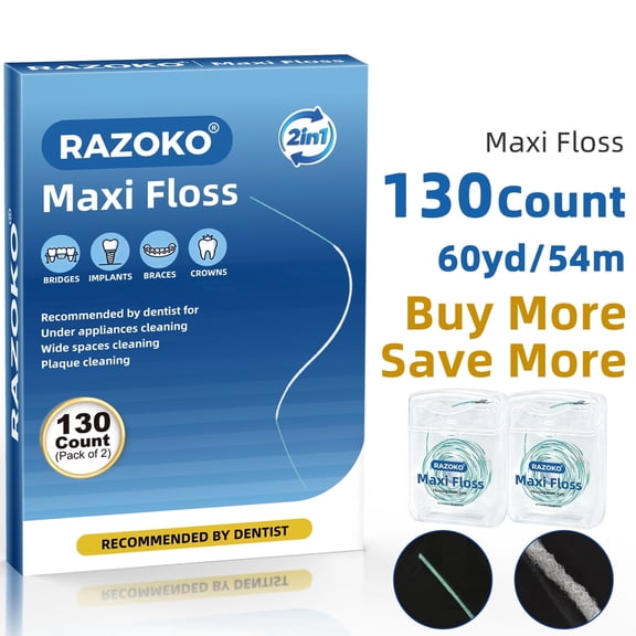RZAOKO Threader Floss for Braces 2-in-1 Fluffy Waxed Dental Floss Threaders for Bridges, Implants Deep Cleaning  130 Pre-Cut Strands Mint (Pack of 2)