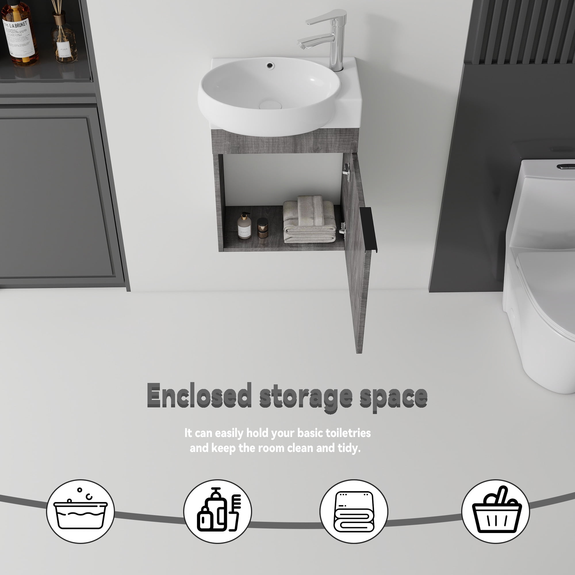 Leumius 16" Wall-Mount Bathroom Vanity Cabinet with with Ceramic Sink & Soft‑Close Doors for Small Space,Bathrooms,Grey