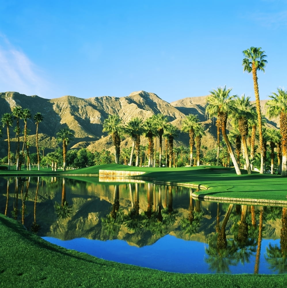 Reflection of trees on water in a golf course, Thunderbird Country Club,  Rancho Mirage, California, USA Poster Print (24 x 24) 