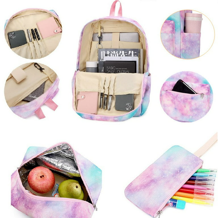 Girl's Backpack, Rainbow Gradient Schoolbag Starry Sky Unicorn Bookbag with  Lunch Pack Pencil Case 3-Piece Set (A) 