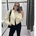 thumbnail image 5 of Women'S Cropped Varsity Jackets Long Sleeve Button Down Casual Coat with Pockets Outwear White S, 5 of 7