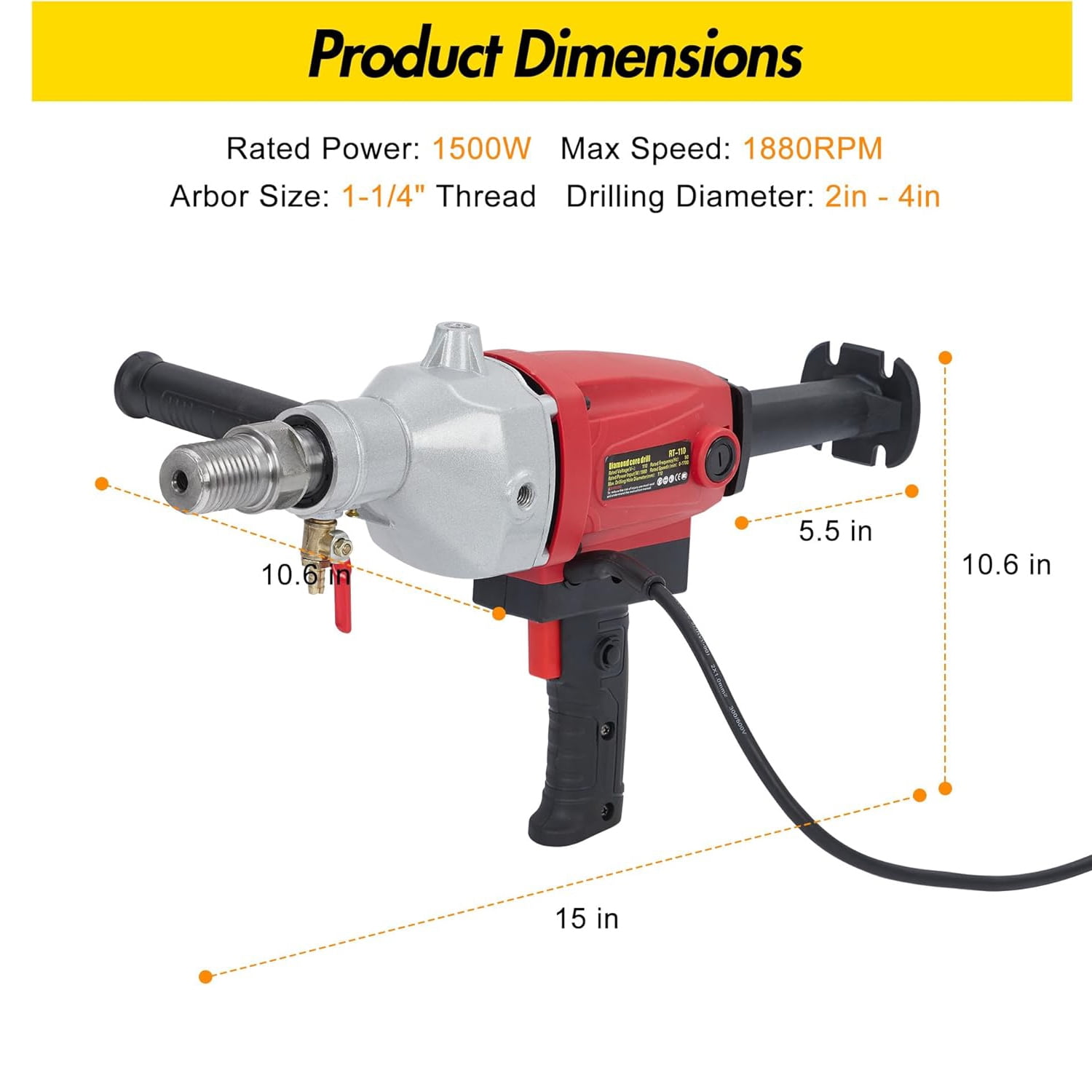 Telyswee 1500W Handheld Diamond Core Drilling Machine, 2-Speed Concrete Core Drill Rig (1100RPM/2400RPM), 1-1/4" Thread Power Drill for Brick, Concrete, Block, and Stone