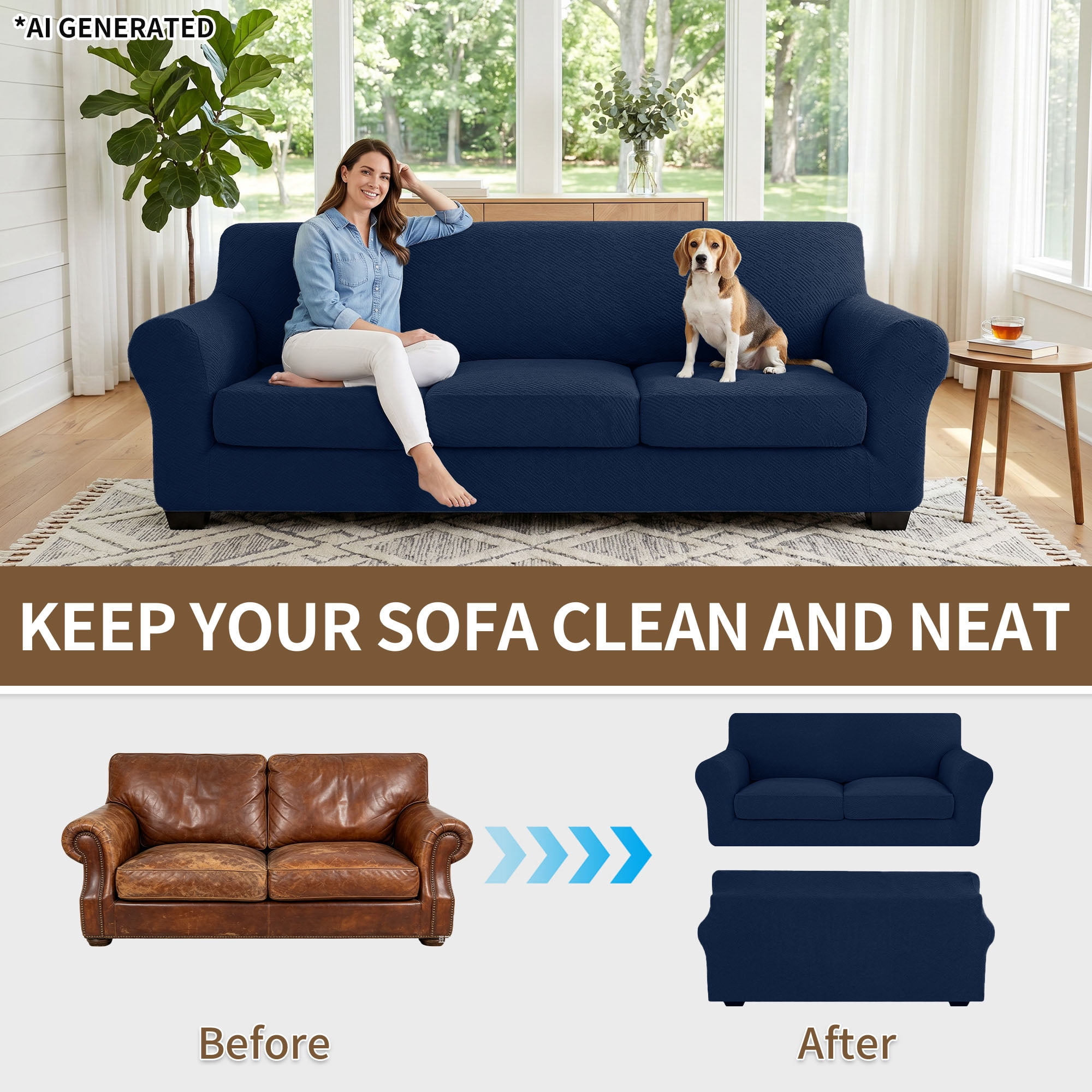 JIATER 2-Piece Armchair Sofa Cover Stretch Couch Cover Washable Sofa Slipcover Furniture Protector with 1 Cushion Cover,Navy