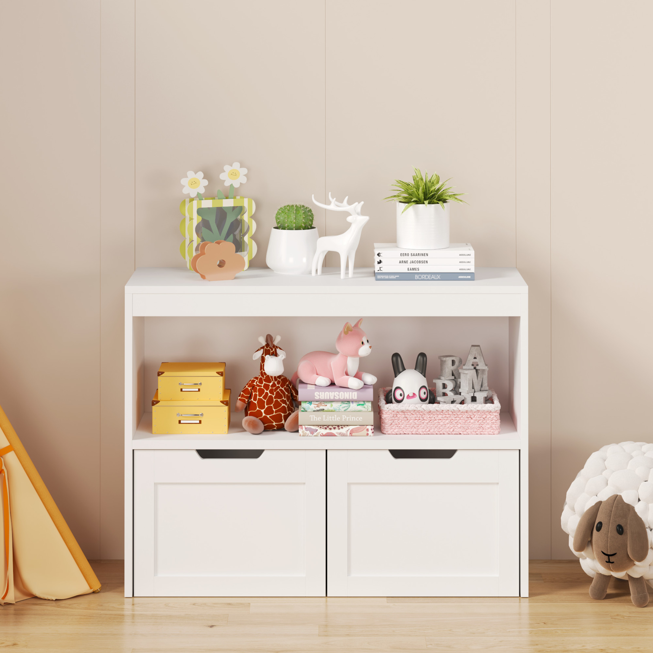 Noble House 31.5" Kids Book Organizer and Toy Storage Cabinet, 2 Drawer Rolling Toy Chest with Open Shelves, White