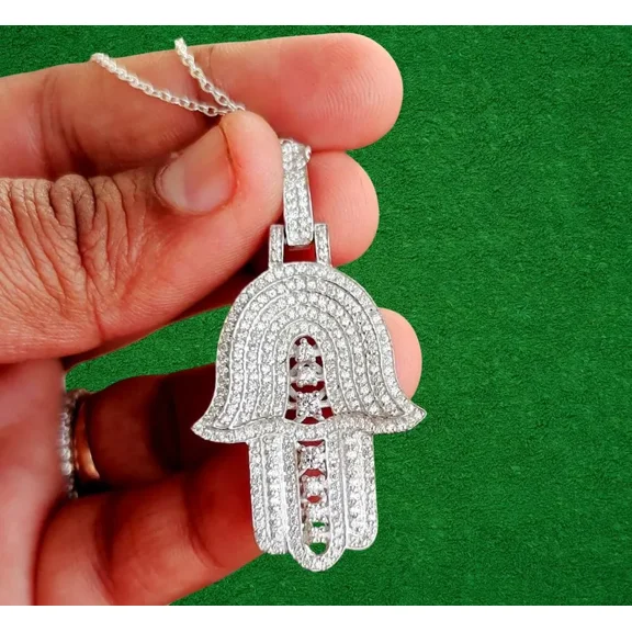 Lucky Jewels 3 Ct Round Cut Lab-Created Diamond Hamsa Hand Pendant Pendant 14K White Gold Plated