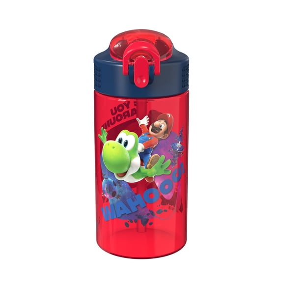 Zak Designs 16oz Mario Red Kids Straw Water Bottle, Durable Plastic Park Bottle with Easy-Open Locking Spout Cover for Travel, Built in Carry Handle