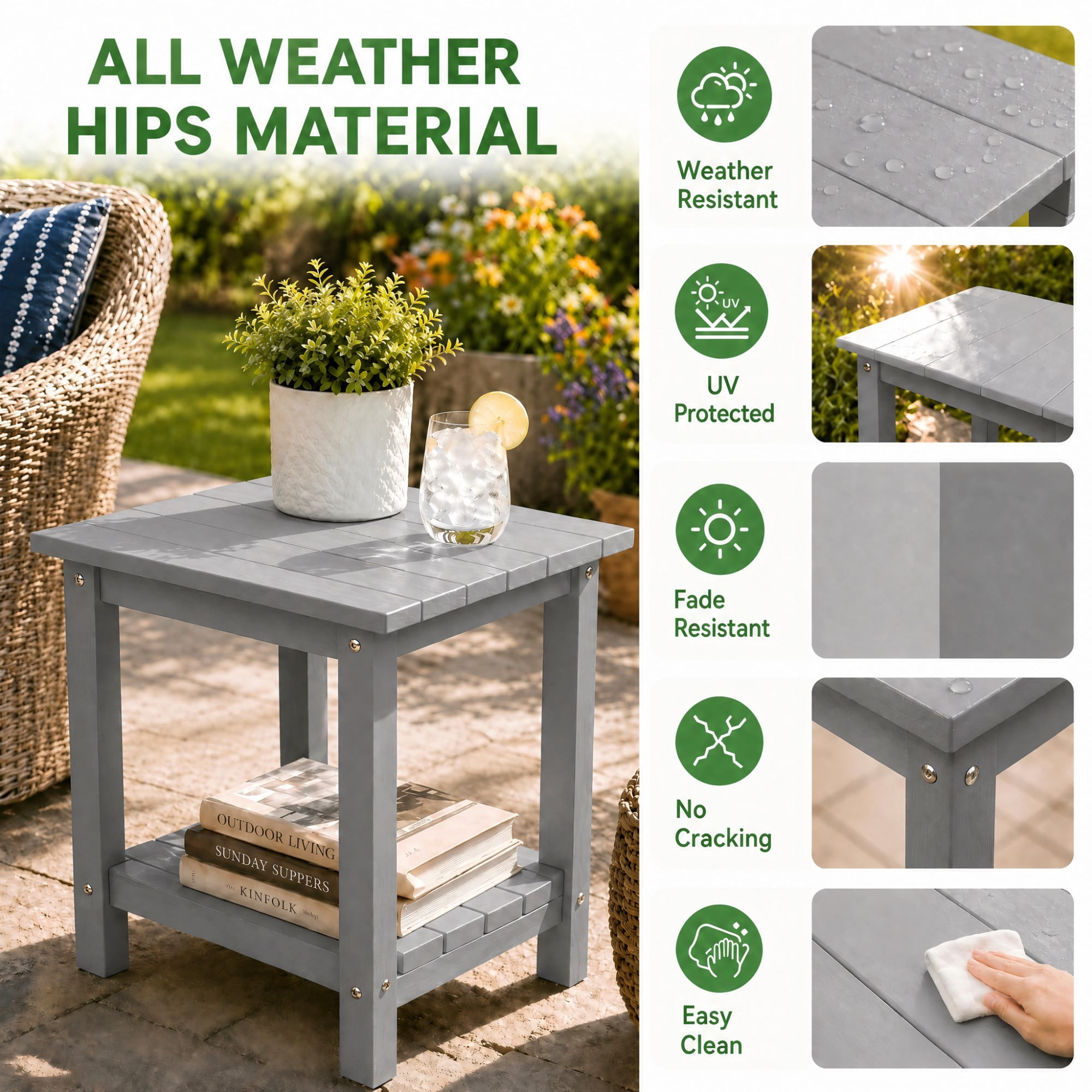 Y&M Outdoor Side Table, HDPE Patio End Table for Adirondack Chair, Weather Resistant Small Accent Table, Gray, Double Layer