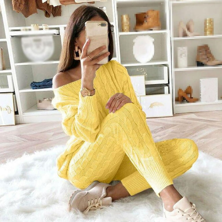 YWDJ Workout Sets for Women Plus Size Womens Solid Color Off Shoulder Long  Sleeve Cable Knitted Warm Two Piece Long Pants Sweater Suit Set Yellow S 