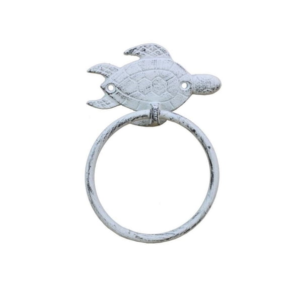 Hampton Nautical Whitewashed Towel Holder 7"-Sea Turtle Beach Decor-Cast Iron