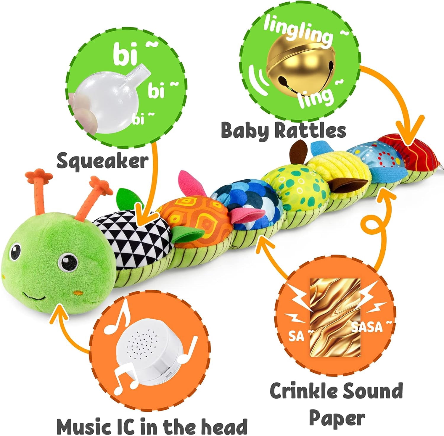 BTEPSGA Baby Toys Musical Caterpillar,Infant Toys Stuffed Animal Toys with Ruler Design and Ring Bell,Baby Teething Toys for Tummy Time Newborn Boys Girls 0 3 6 12 Months