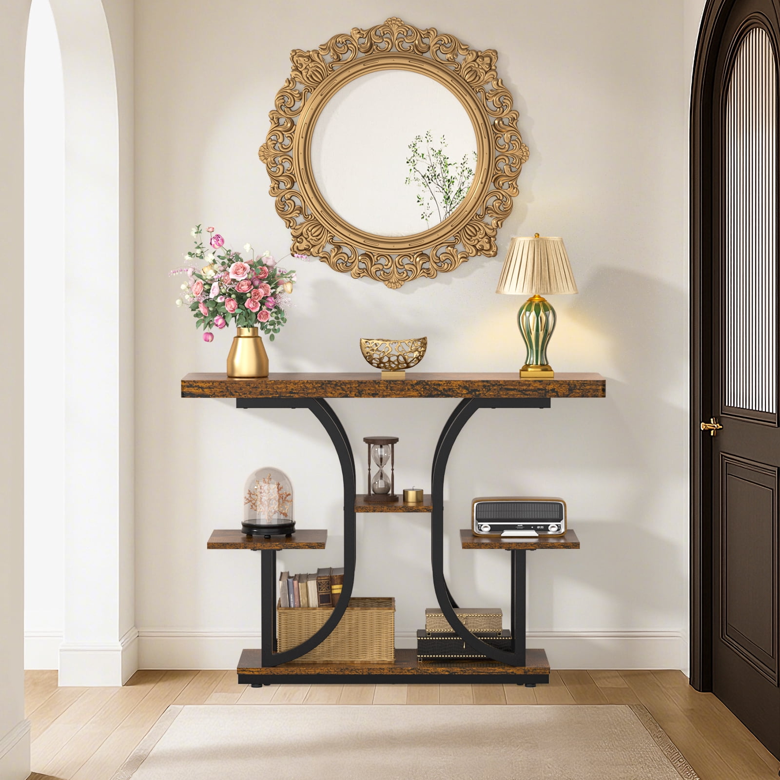Industrial Chic 5-Tier Console Table, 42.5" Entryway Table with Storage Shelf, Rustic Brown