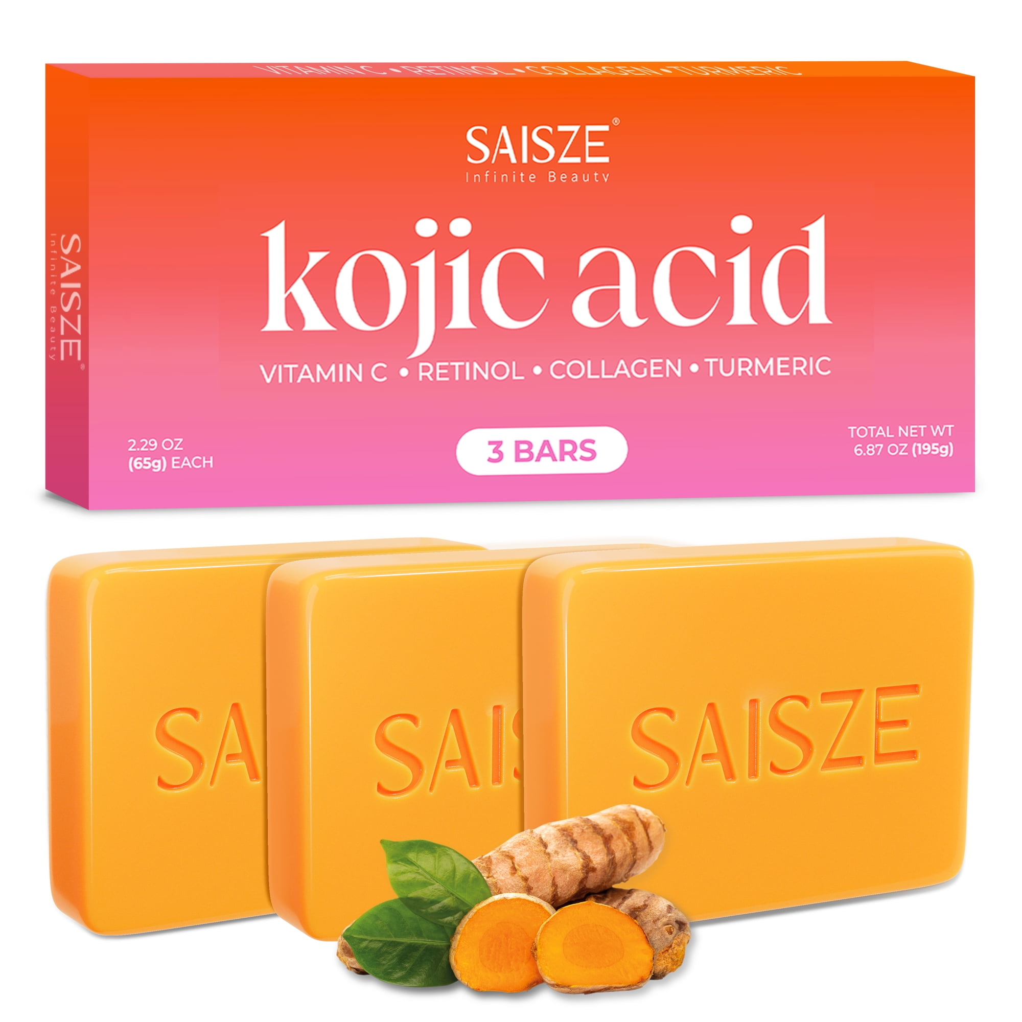 SAISZE Kojic Acid Soap for Face & Body Cleansing, Handmade Turmeric Soap Bars with Kojic Acid, Collagen, Vitamin C, and Olive Oil for Daily Cleansing, 2.29 oz × 3 Bars