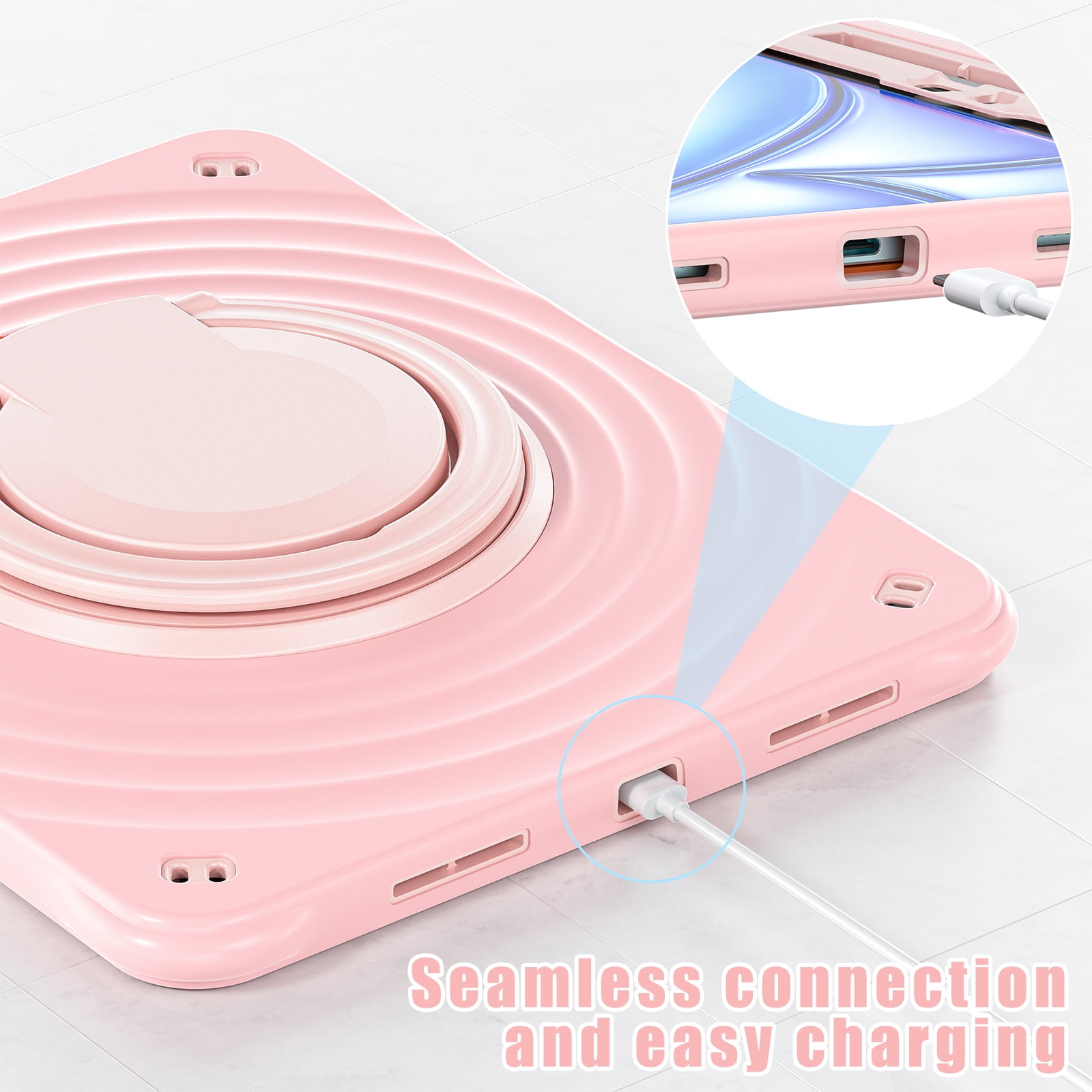 ELEHOLD Case for Apple iPad Air 11 (2024), Portable Hybrid Shockproof iPad Case with Pencil Holder & Hanging Ring Handle Rotatable Kickstand,Pink