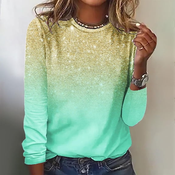 FRSASU Women's Fashionable Printed Long Sleeved Casual Loose T-shirt Round Neck Top Long Sleeved Round Neck Top Rose Gold