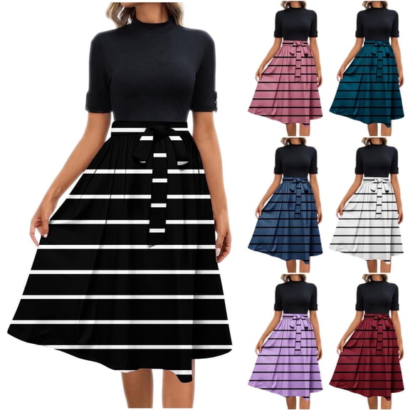 Bixock Women's Summer Dress Midi Sundress Solid Color High Neck Short Sleeve Long Dress With Belt Travel Vacation Clothes