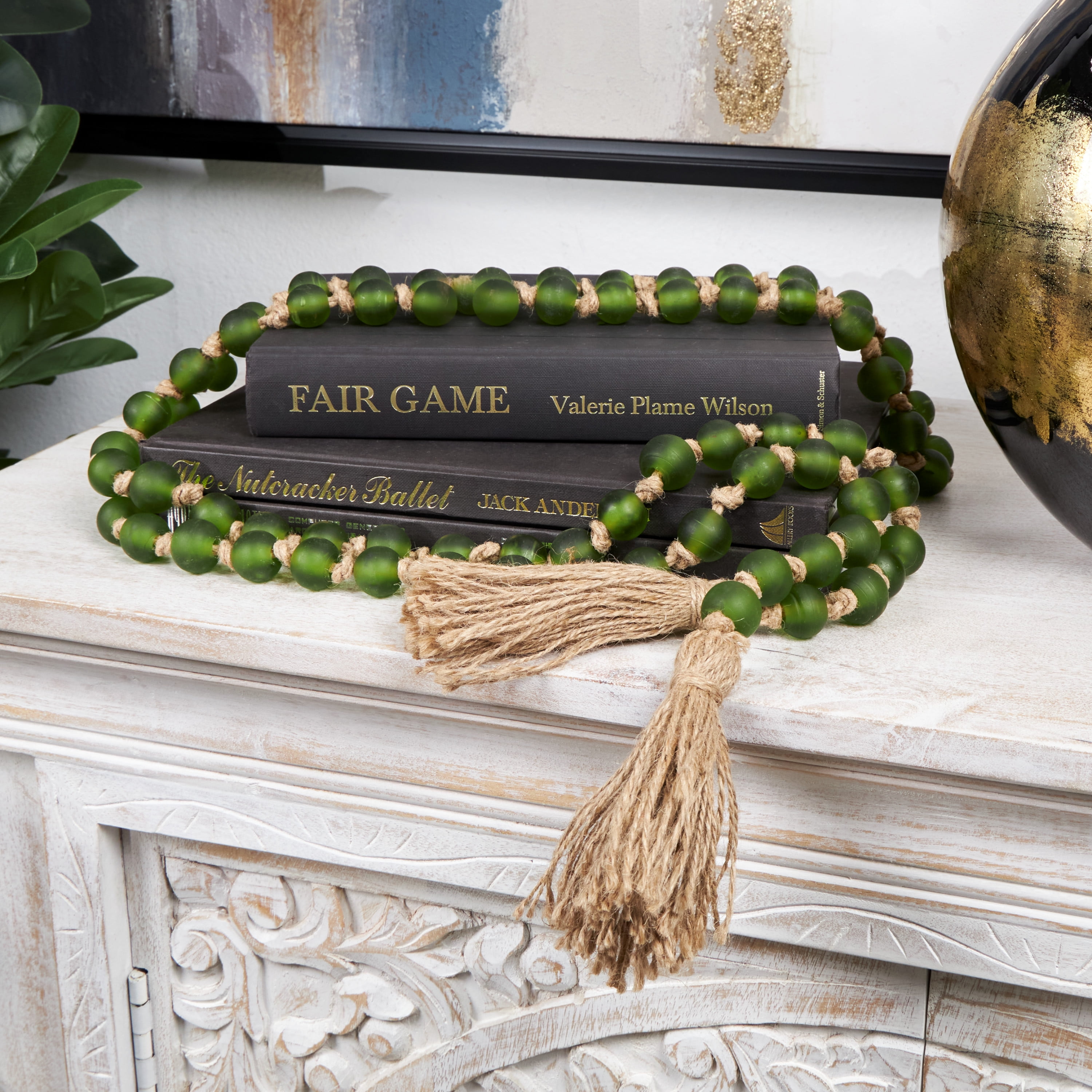 DecMode Handmade Round Long Frosted Beaded Green Glass Garland with Tassel with Knotted Brown Jute