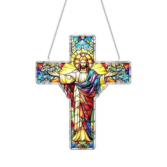 Stained Glass Jesus Cross Acrylic Suncatcher Hanging Decor