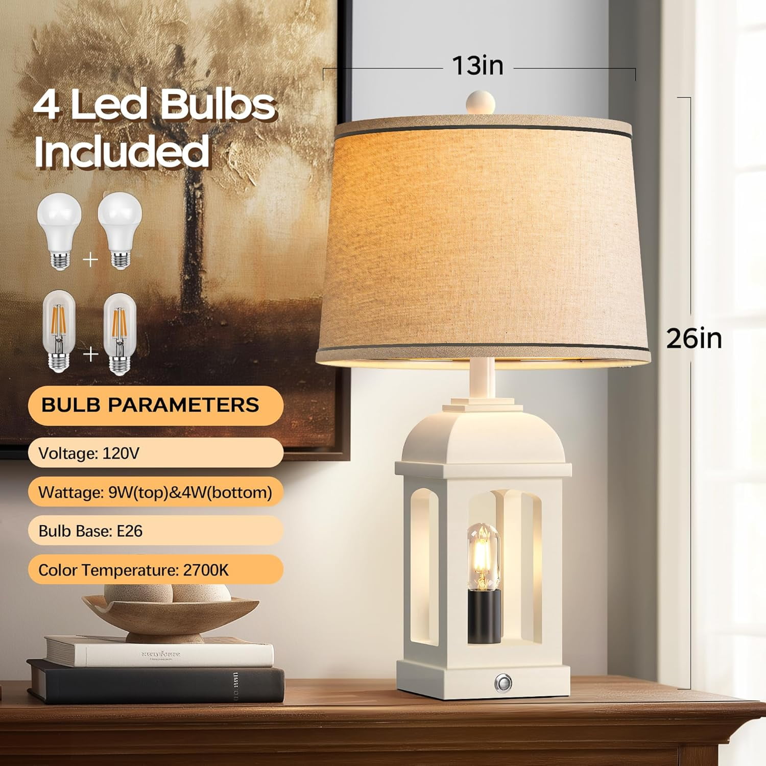 Table Lamp for Living Room, Farmhouse Lamps Set of 2 with USB A+C and Nightlight, 26" Rustic Bedside Lamps with 3-Way Dimmable, Touch Nightstand Lamp for Bedroom, White
