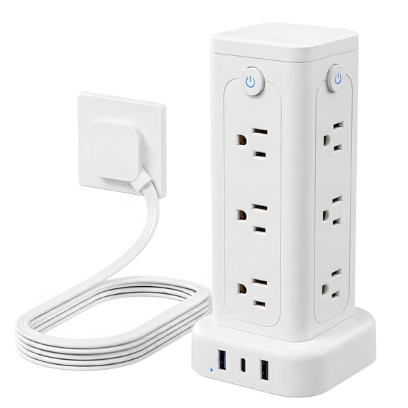 MOSENSE Power Strip Tower with Multiple Outlets, Surge Protector with 12 Outlets, 3 USB Ports (2USB 1C), 6.6FT Extension Cord for Home Office Dorm Room, White
