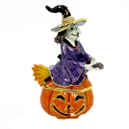 Hinged Trinket Box WITCH ON JACK O LANTERN Metal Pumpkin Halloween Broom