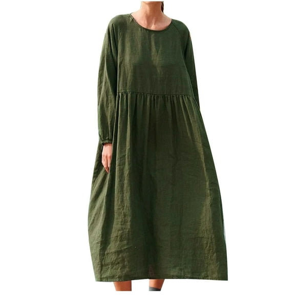 cfhntfmh Maxi Dresses for Women Casual Fall Crewneck Long Sleeve Flowy Dress Cotton Linen Pleated Loose Vacation Dress