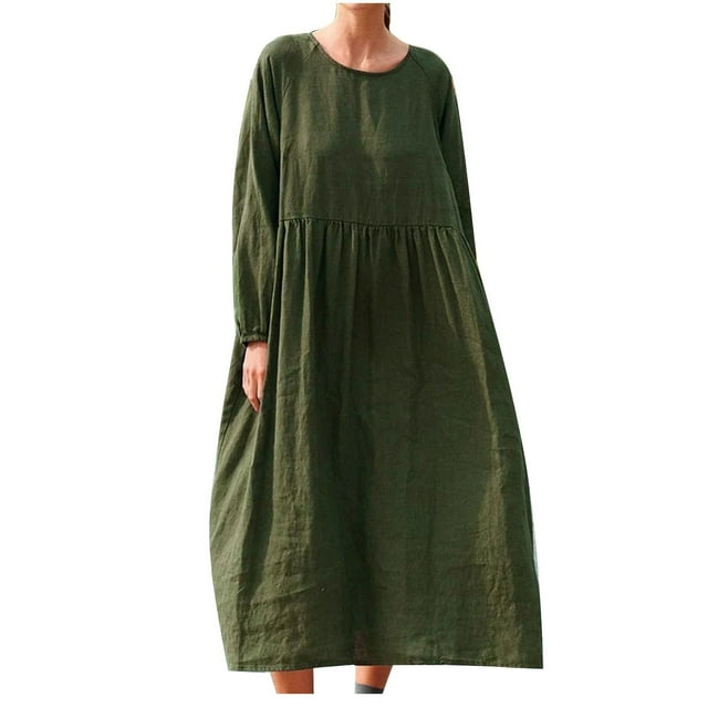 Ersazi Robes de Printemps pour Femmes en Solde Robe Décontractée à Manches Longues en Coton et Lin Col Rond Vert Armée TTG