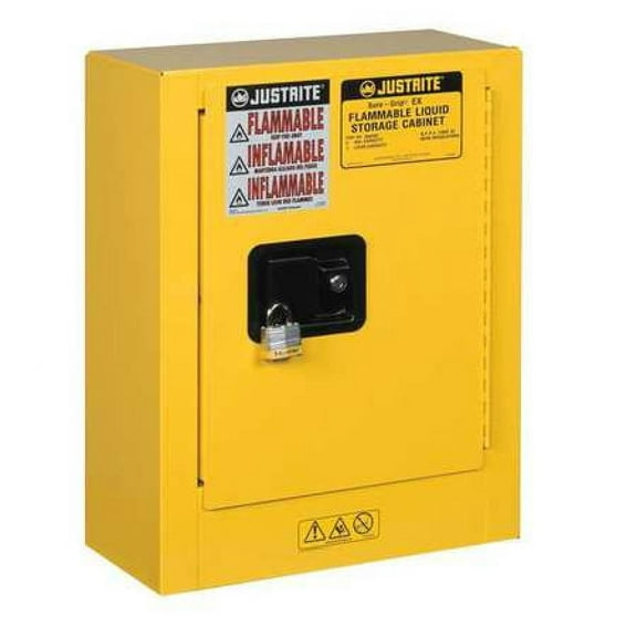Justrite 1 Gallon Yellow Sure-Grip EX 18 Gauge Cold Rolled Steel Countertop Mini Safety Cabinet With (1) Manual Close Door And (1) Shelf (For Flammables)