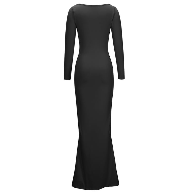 BLVB Women's Long Sleeve Scoop Neck Slim Fitted Maxi Long Dress Solid Color Stretchy Floor Length Mermaid Long Dress, Size: XL, Black