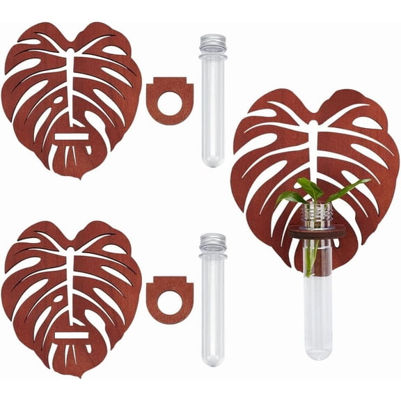 2 Set Wooden Monstera Leaf Wall Hanging Planter Wall Propagation Station Plant Holder Decorative 2 Test Tube Propogation Vase