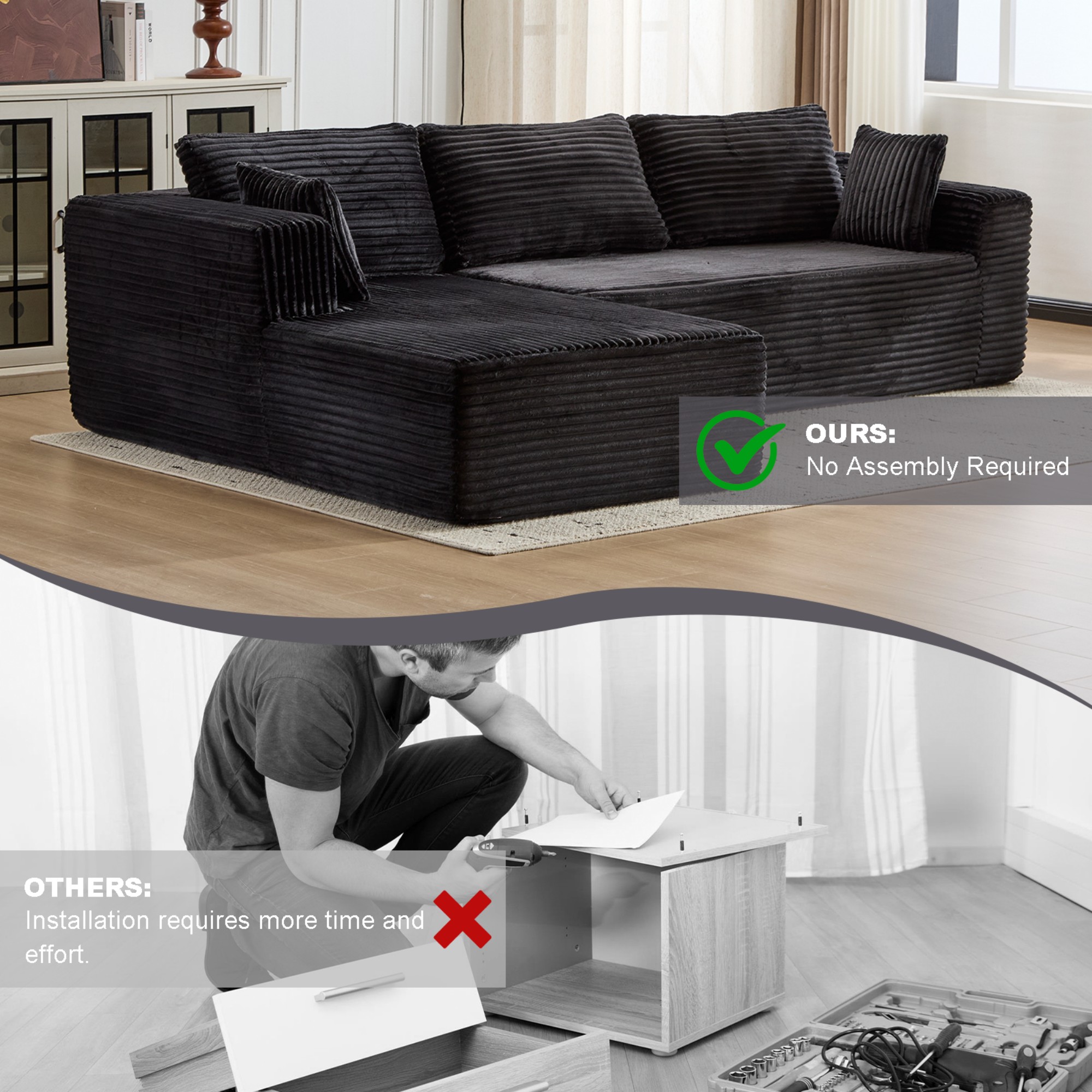 L-Shape Sectional Sofa Couch with Comfy Chaise,Modular Compression Sectional Couch with Deep Seat,Corduroy Sleeper Sofa Couches for Living Room Bedroom Apartment,Black