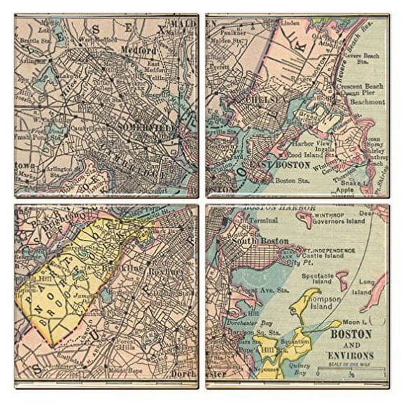 Boston Coaster of Vintage Map (Set of 4) Ceramic Boston Coasters