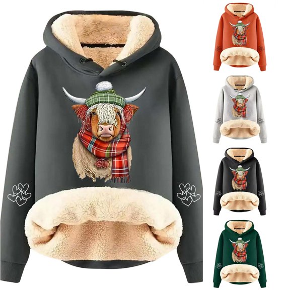 Women Lined Highland Cow Hoodie with Plaid Scarf and Fuzzy Hem Drawstring Winter Warm Cozy Pullover Sweatshirt Top